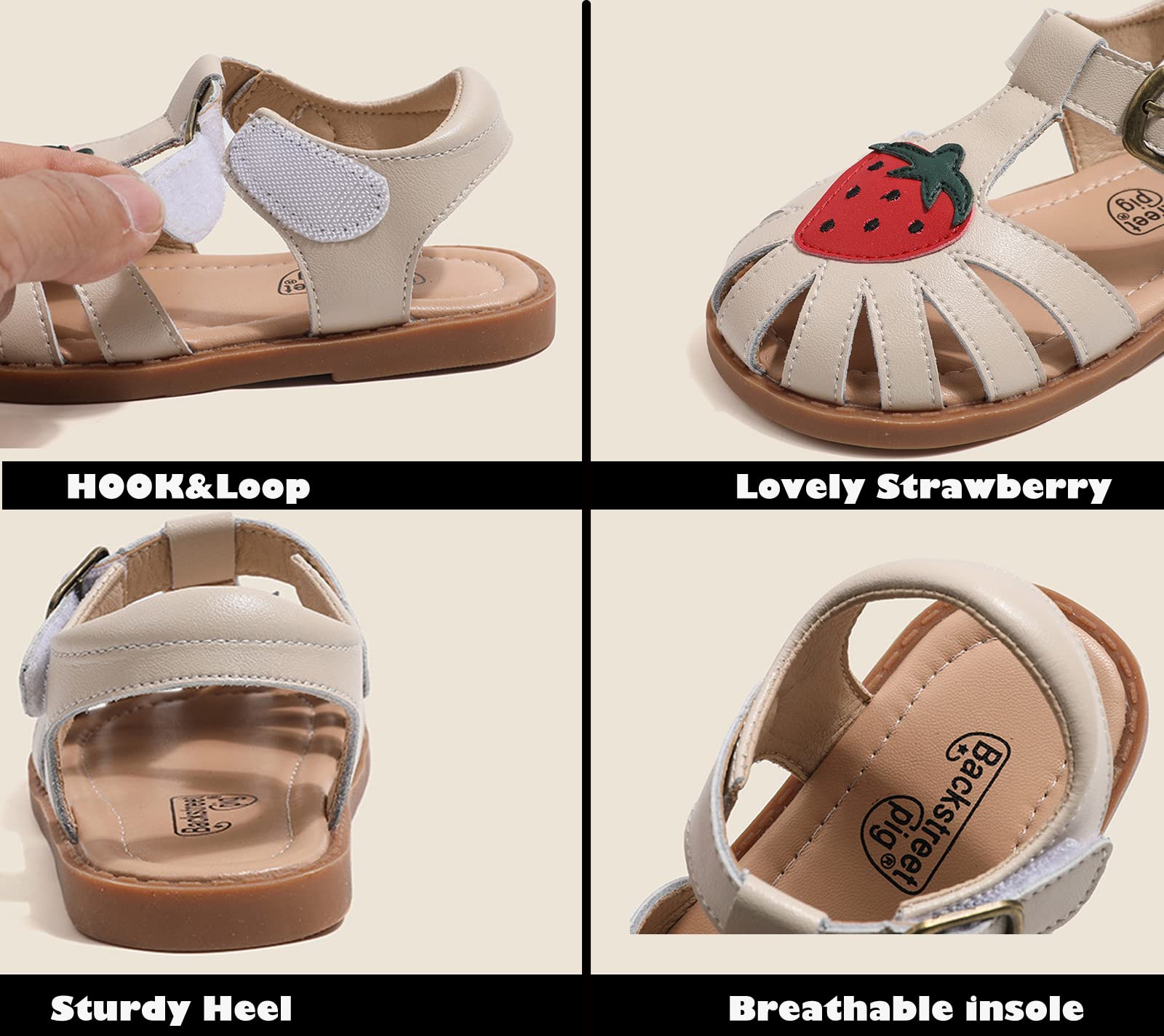 WUIWUIYU Toddlers Little Girls T-Strap Hook&Loop Dress Strawberry Summer Shoes Closed Toe Sandals