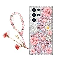 Omorro for Galaxy S24 Ultra Bling Case with Strap, Luxury Glitter Rhinestone Diamond Crystal Sparkle Rose Flower Pearl Floral Bracelets Soft Bumper Protective Case Cover for Women Girls Pink