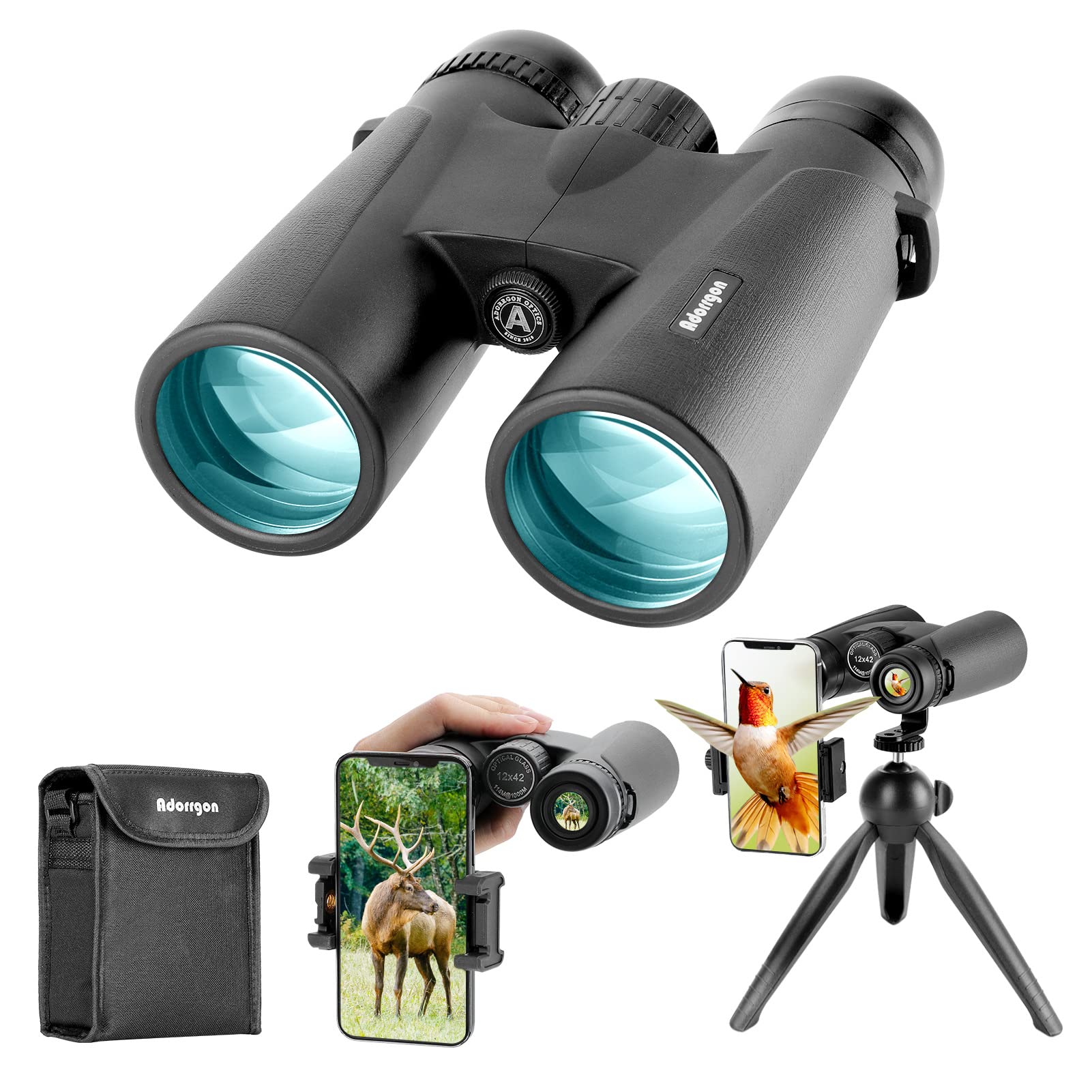 Adorrgon 12x42 HD Binoculars for Adults High Powered with Phone Adapter, Tripod and Tripod Adapter - Large View Binoculars with Clear Low Light Vision - Binoculars for Bird Watching Cruise Ship Travel