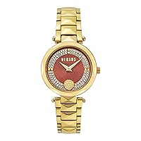 Versus Versace Covent Garden Crystal Collection Luxury Womens Watch Timepiece with a Gold Bracelet Featuring a Gold Case and Red Dial