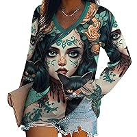 Skull Girl Holding A Black Cat Women's Long Sleeve Shirts Pullover V Neck Sweatshirt Casual Loose T-Shirt Tops