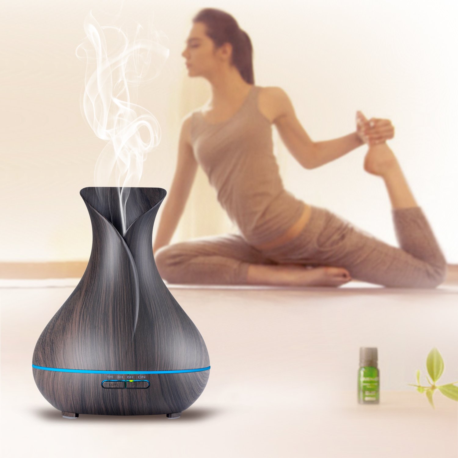 OliveTech Aroma Essential Oil Diffuser, 400ml Ultrasonic Cool Mist Humidifier with Waterless Auto Shut-Off and Cleaning Kit for Home, Yoga, Office, Spa, Bedroom, Baby Room - Wood Grain