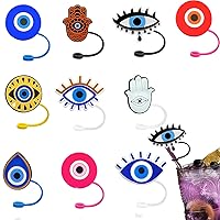 Silicone Evil Eyes Straw Covers Cap 10 Pcs Reusable Drinking Straw Tips Lids Cute Straw Topper Dust-Proof Straw Plugs for 1/4inch(6-8mm) Straw Tips For Outdoor Home Kitchen Party Decor (Eyes)