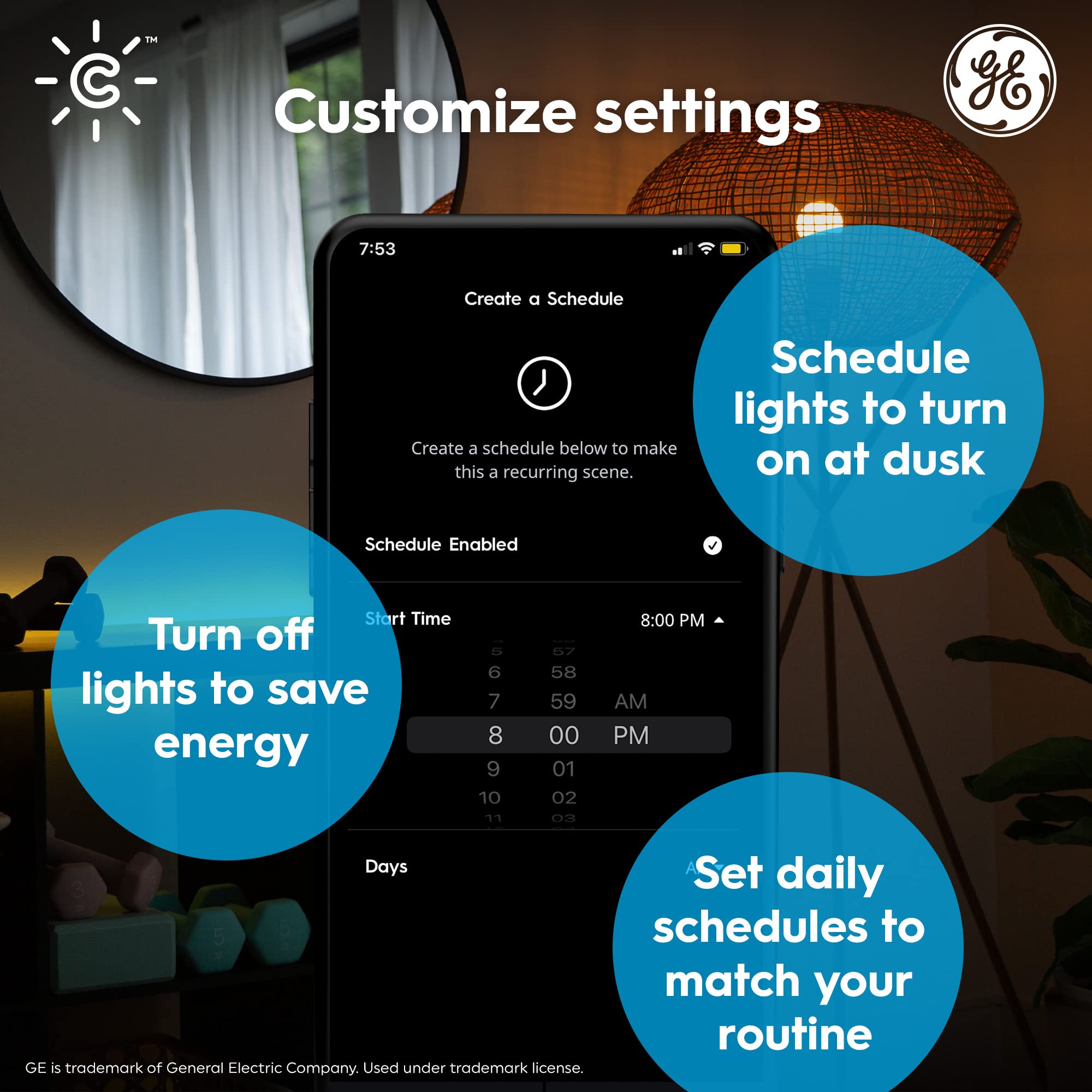 GE Lighting CYNC Smart LED Light Bulb, Color Changing Lights, Bluetooth and Wi-Fi Lights, Works with Alexa and Google Home, A19 Light Bulb (1 Pack)