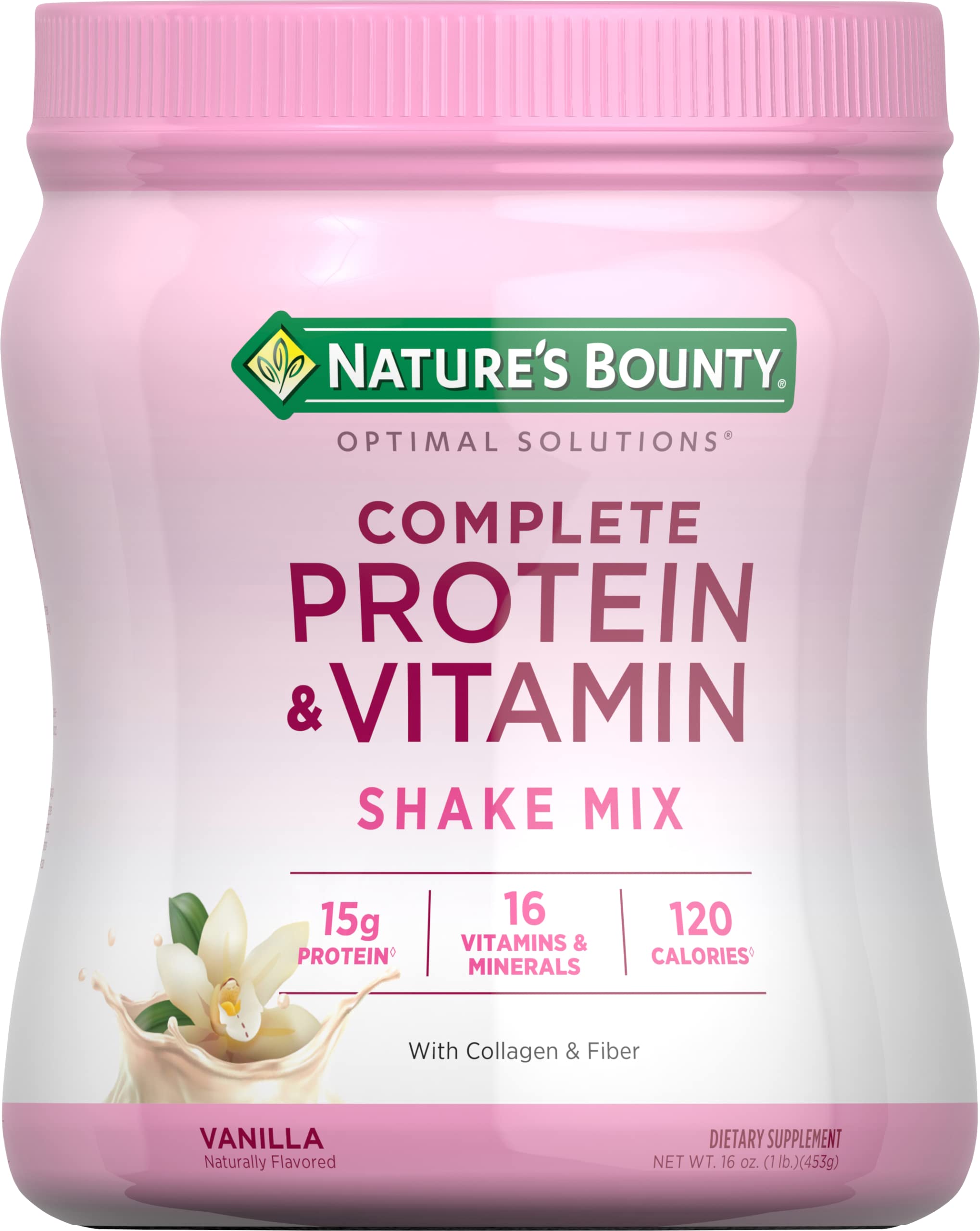 Nature's Bounty Complete Protein & Vitamin Shake Mix with Collagen & Fiber, Contains Vitamin C for Immune Health, Vanilla Flavored, 16 Oz