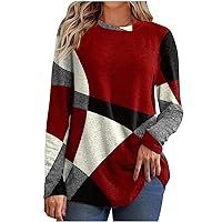 Amazon Customer Service Phone Number Long Sleeve Shirts for Women Geometry Printed Tops Color Block Trendy Loose Fit Casual Crewneck Pullover T-Shirt My Recent Orders Placed by Me A-red