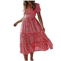 Women's Boho Floral Print Chiffon Dresses Square Neck Short Sleeve A Line Long Dress Summer Casual High Waist Midi Dress