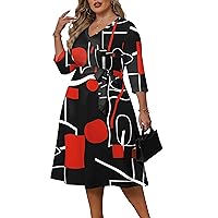 CLOCOR Plus Size Dress for Women 3/4 Sleeve Wrap Midi Dress V Neck Casual Belted Dresses with Pockets