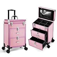 Adazzo Professional Rolling Makeup Train Case with Drawers, Large Cosmetic Trolley with Locks, Cosmetics Storage Organizer Make up Case for Travel Makeup/Nail Art/Hair Styling, Matte Pink