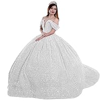 Beaded Sequin Quinceanera Dresses Sparkly Elegant Off Shoulder Puffy Sweet 16 Dresses with Train V Neck Prom Ball Gown