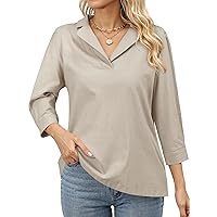 Dresswel Collared Shirts for Women 3/4 Puff Sleeve Linen Polos Shirt Business Casual V Neck Work Shirts Dressy Tops Blouse