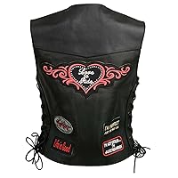 ELL4900 Women’s 'Love to Ride' Black Leather Motorcycle Patched Embroidered Vests with Side Laces