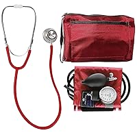 MatchMates Aneroid Sphygmomanometer and Dual Head Stethoscope Combination Home Blood Pressure Kit with Calibrated Nylon Cuff, Professional Quality, Carrying Case, Red