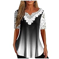 Women's Fashion Casual Lace Sleeve Shirts V-Neck Lace Trim Printed Short Sleeve Tops Pleats Flowy Blouse Tees