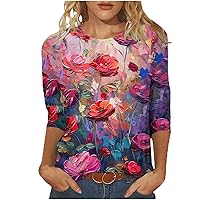 Aztec Graphic Tees Women 3/4 Sleeve T Shirts Casual Flower Print Tunic Tops Loose Fit Vacation Fashion Clothes