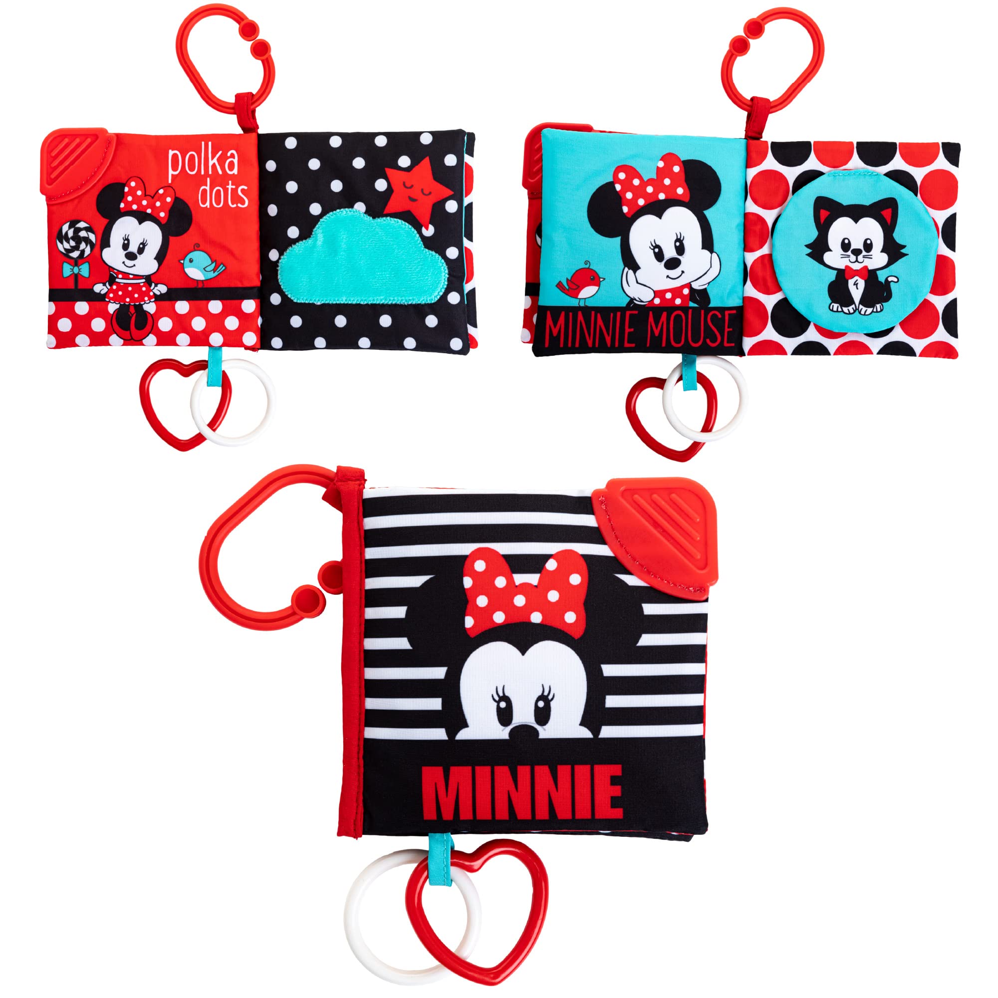 KIDS PREFERRED Disney Baby Minnie Mouse Soft Book, Black and White High Constrast Crinkle Plush, Boys and Girls Ages 0+, Stroller On The Go Clip and Teether
