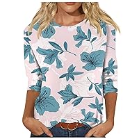 Women's Casual 3/4 Sleeve T-Shirts Round Neck Cute Tunic Tops Floral Tees Blouses Loose Fit Pullover