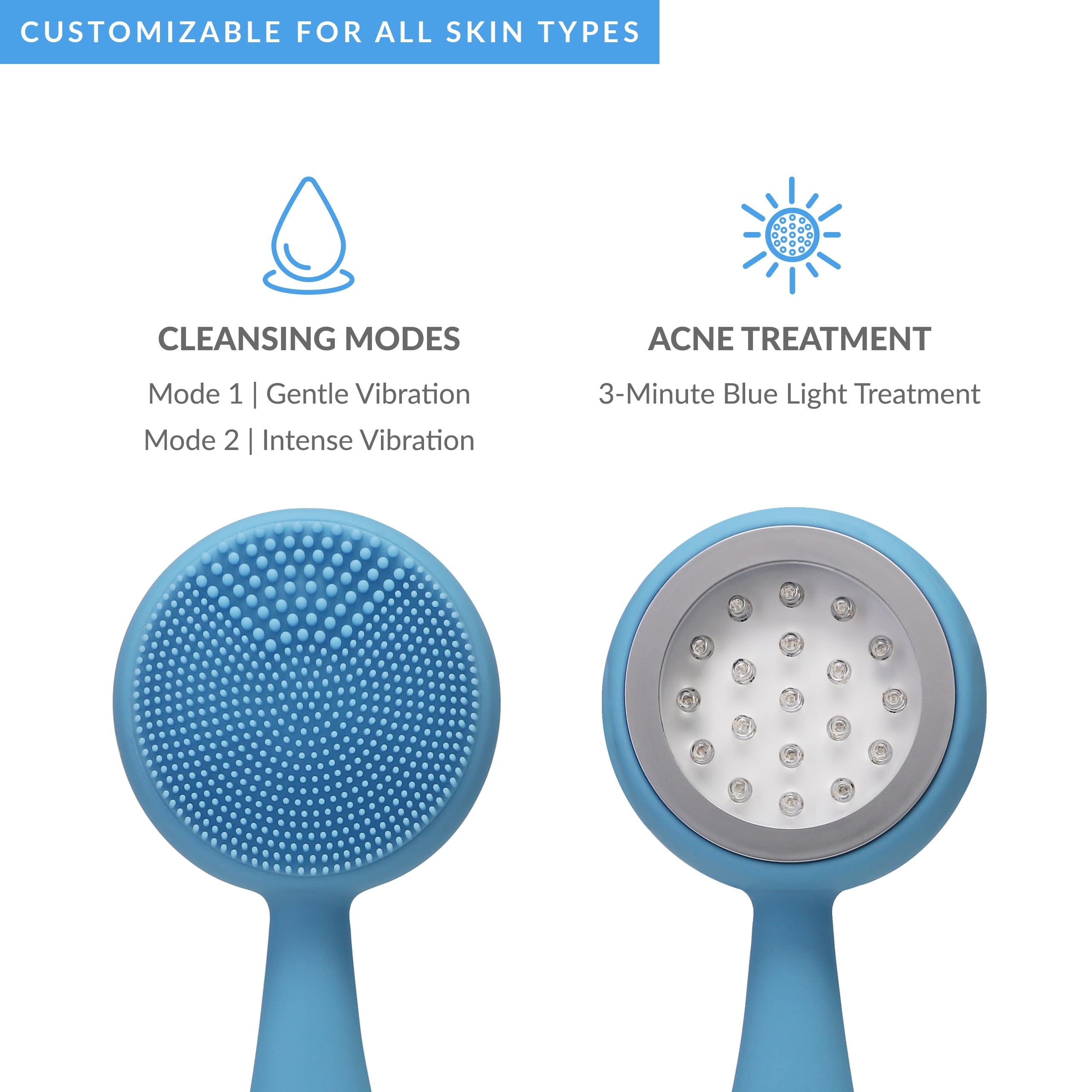 PMD Clean Acne - Smart Facial Cleansing Device with Silicone Brush & Acne-Fighting Blue Light Treatment - Waterproof - SonicGlow Vibration Technology - Eliminate Mild To Moderate Acne