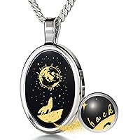 I Love You to the Moon and Back Necklace Pure Gold Inscribed with Nostalgic Howling Wolf and Stars on Onyx Gemstone Romantic Pendant for Women, 18