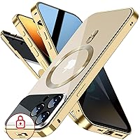[Full Camera Protection& Mechanical Lock]Magnetic Privacy Case for iPhone 14 Pro Max[Compatible with MagSafe][CD Metal Ring]Full Body Shockproof Metal Bumper, 9H Anti Peeping Glass Cover-Gold