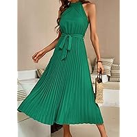 Women's Dress Dresses for Women Pleated Hem Belted Keyhole Back Dress Dress PASUTH (Color : Green, Size : Small)
