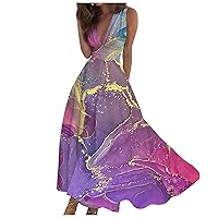 Women's Summer Dresses Casual Sleeveless Deep V-Neck Maxi Dress Wrap Waist Boho Dress, S-3XL