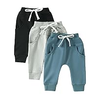 BHMAWSRT Newborn Baby Boy Pants 3-Pack Toddler Joggers Solid Color Soft Boys Bottoms Sweatpants with Drawstring