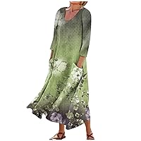 Dresses for Women 2024 Printed 3/4 Sleeve Sun Dress with Pocket Swing Lightweight Dress Flowy Vacation Beach Dress