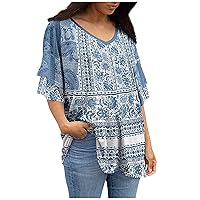 Womens Tops Summer V Neck Double Layer Ruffle Short Sleeve T Shirts Loose Tunic Floral Blouse for Women Dressy Casual
