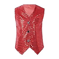 Kids Girls Sparkle Sequin Sleeveless Waistcoat Hip Hop Jazz Dance Costume Fancy Party Dress Outfit Costume Vest Tops Red 11-12 Years
