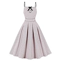 Wellwits Women's Cami Strap Pleated Polka Dots 1950s Vintage Dress