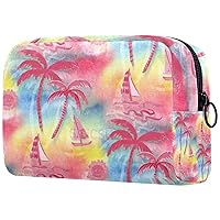 Pink Coconut Tree Boat Cosmetic Travel Bag Large Capacity Reusable Makeup Pouch Toiletry Bag for Teen Girls Women 18.5x7.5x13cm/7.3x3x5.1in