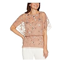 Adrianna Papell Womens Pink Embellished Zippered Blouson Overlay Lined Flutter Sleeve Round Neck Party Top 4