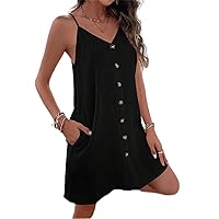 Women's Dresses Button Front Slant Pocket Cami Dress - Women's Sleeveless Mini Dress Dress for Women