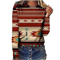 Long Sleeve Western Shirts for Women Casual Round Neck Vintage Feather Geometric Print Graphic Tee Shirts Native Indians Tops