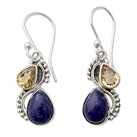 NOVICA Handmade .925 Sterling Silver Lapis Lazuli Citrine Dangle Earrings with Faceted Blue Yellow India Reflecting Pond Snorkel Birthstone [1.4 in L x 0.4 in W x 0.3 in D] 'Two Teardrops'