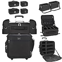 Relavel Rolling Makeup Case Professional Makeup Train Case Makeup Artist Travel Organizer 5 in 1 with Detachable Cosmetic Case and Dual Makeup Brush Case and Wheels (Black, 4-Pack)