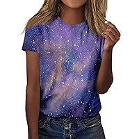 Short Sleeve Shirts for Women,Tops for Women Trendy Starry Sky Print Round Neck Casual Shirt Summer Tops for Women 2024