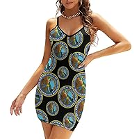 Minnesota State Seal Women's Sling Dress Sexy V-Neck Dress Sleeveless Spaghetti Strap Mini Dress Bodycon Dresses