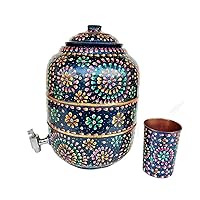 Pure Copper Hammered Water Storage Pot 6.5 Liter Capacity Outer Side Water Proof Hand Painted With Tumbler