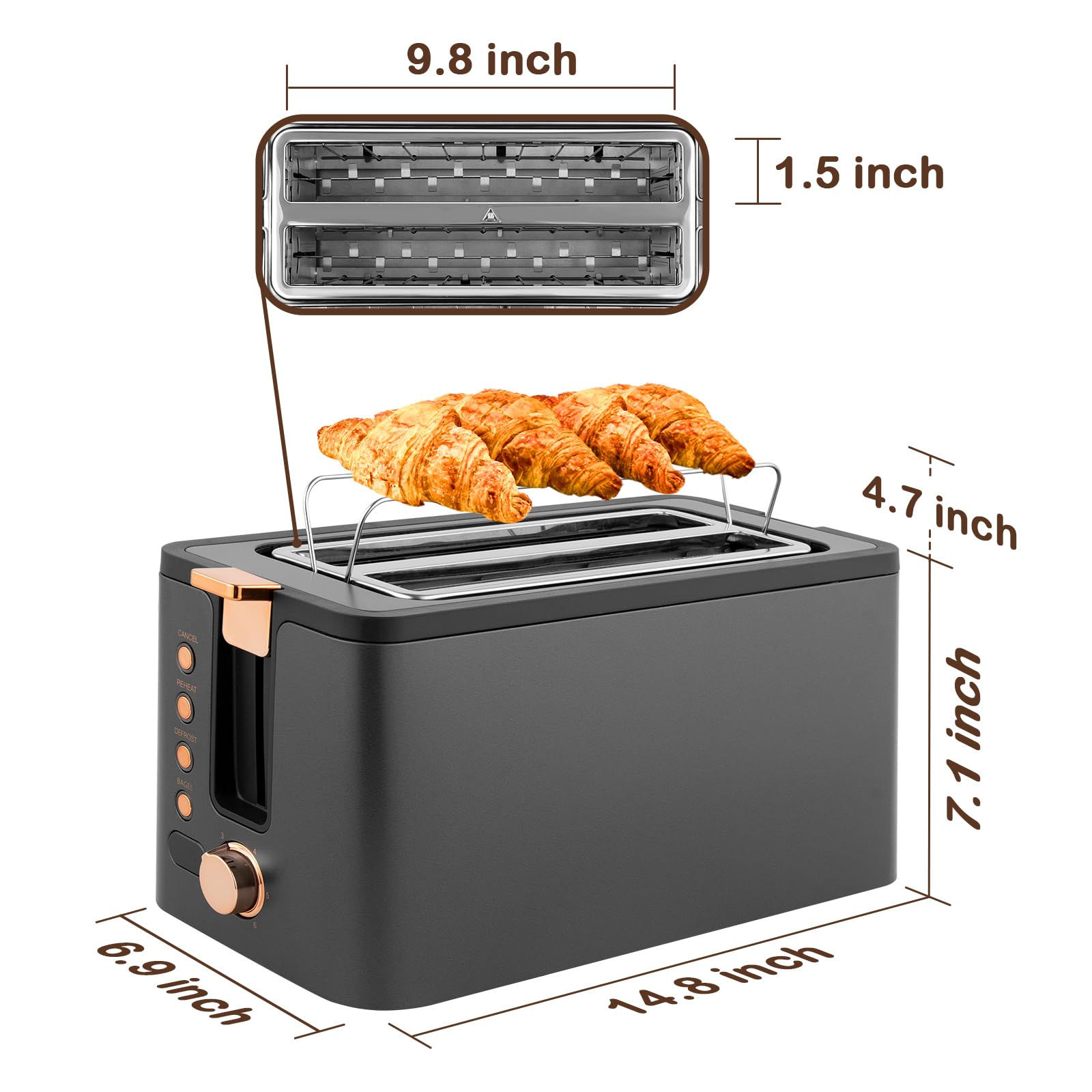 Mecity 4 Slice Toaster, Long Slot Toaster With Countdown Timer, Bagel / Defrost / Reheat / Cancel Functions,Warming Rack, removable Crumb Tray, 6 Browning Settings, Extra Wide Long Slots, Stainless Steel Bread Toaster, 1300 Watts， Grey & Golden