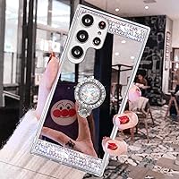LUVI Compatible with Galaxy S24 Ultra Makeup Mirror Case Diamond Glitter Rhinestone with Ring Stand Kickstand Cute for Girls Women Cover Bling Crystal Ring Holder Finger Grip Phone Case Silver