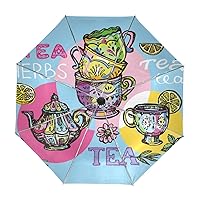 ALAZA Colorful Teapot Cup Time Travel Umbrella Auto Open Close UV Protection Windproof Lightweight Umbrella