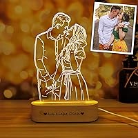 Romantic Custom 3D Photo Lamp Glass Night Light Handmade Drawing Minimalist Line Art Picture Engraving Illusion Light Up Sign Plaque with Wood Stand, Anniversary Valentines Birthday Gift