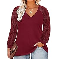 RITERA Plus Size Tops for Women Sequin Long Sleeve V Neck Fall Shirt Pullover Tunic Blouse Wine Red XL