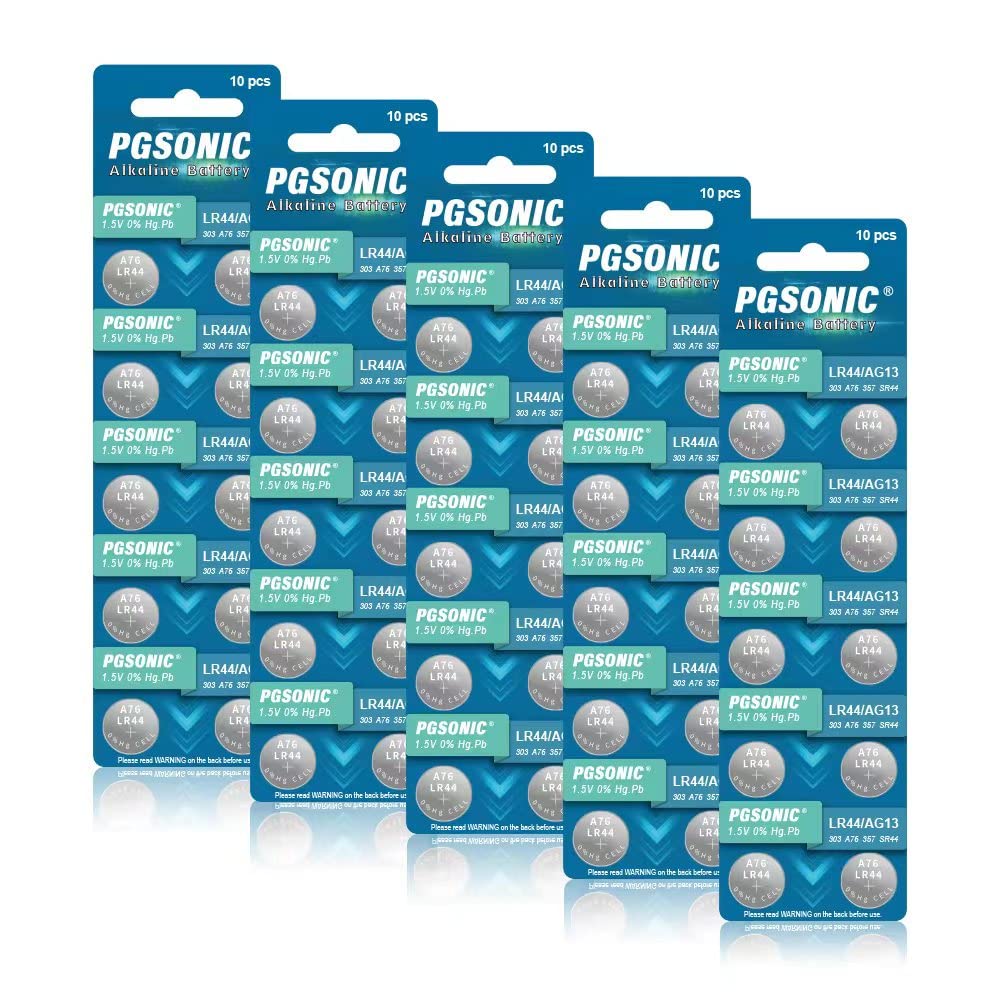 PGSONIC 50 Pack LR44 Batteries, 1.5 Volt Alkaline Button Cell Batteries with Long Lasting Power