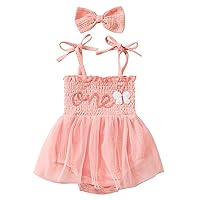 Baby Girls 1st Birthday Outfit Spaghetti Straps Romper Tutu Dress Headband One Year Old Party Cake Smash Photoshoot Outfits
