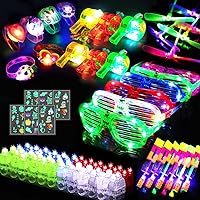 84 PCS Glow in the Dark Party Supplies for Boy, Birthday Gift Party Favors for Kids, Light Up Toys with Finger Lights, LED Bracelets, Flashing Glasses, Whistles , 6 Luminous Stickers, Slingshot