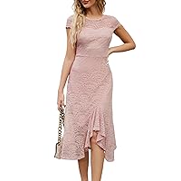 JASAMBAC Lace Dress for Women 2023 Vintage Wedding Guest Dresses Ruffle Midi Cocktail Dress