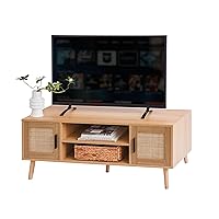 Labcosi Natural Rattan TV Stand for 55 Inch TV, Mid Century Modern TV Console with Open Storage Shelf and Doors, Entertainment Center for Living Room
